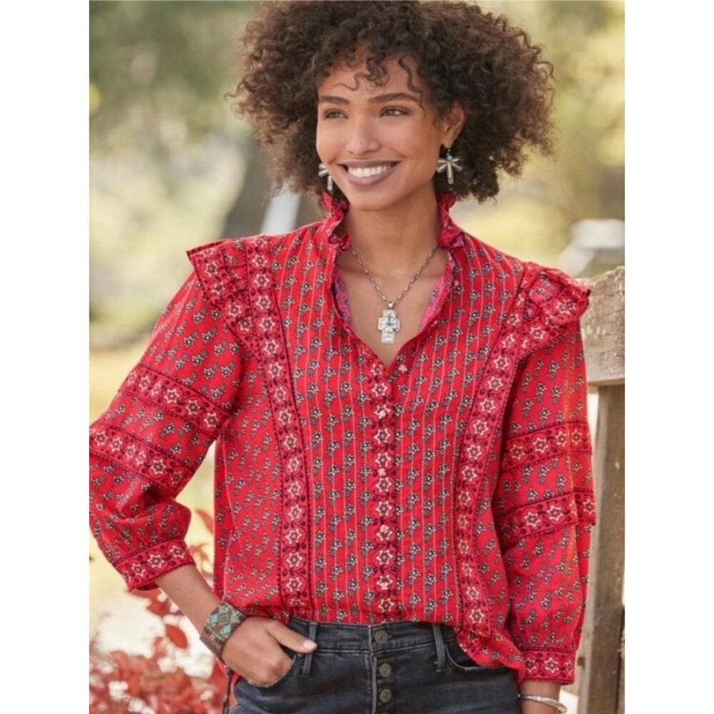 Sundance Red Auri Floral Ruffle-Yoke Button-Front Blouse Shirt Size Medium Boho